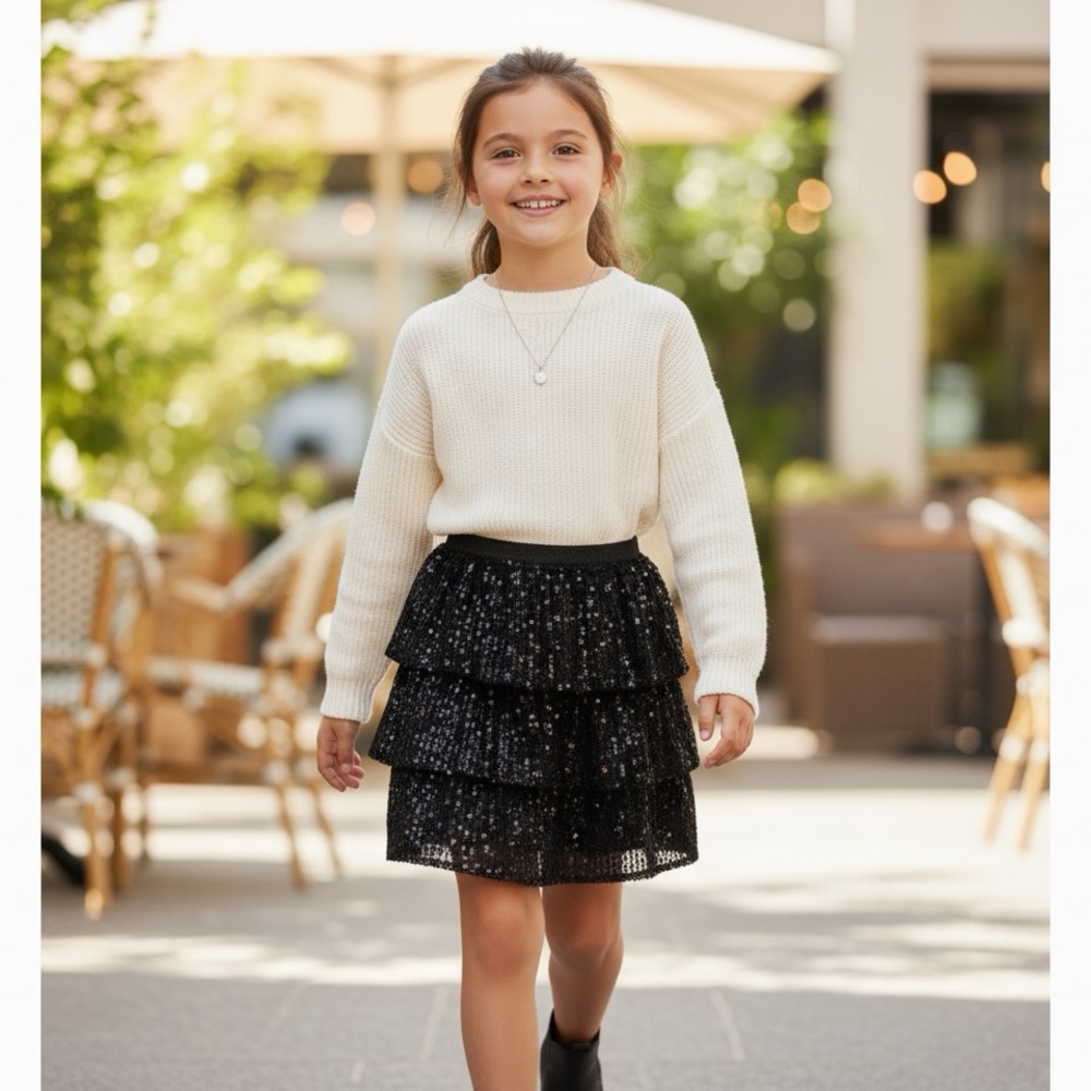 Cat & Jack Black Sequin Tiered Ruffle‎ Skirt Girls L (10/12) | Holiday Party